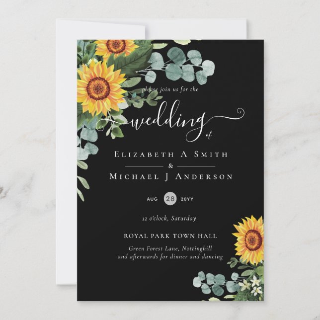 Rustic Sunflowers Eucalyptus Leaves Wedding Invitation (Front)