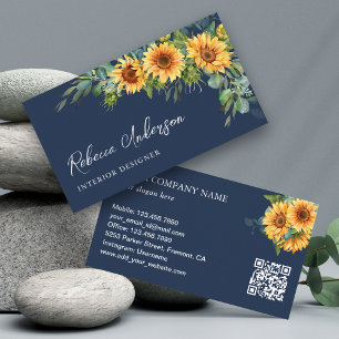 Rustic Sunflowers Eucalyptus Navy Blue QR Code Business Card