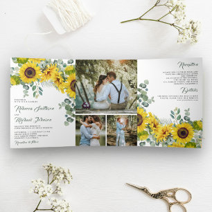 Rustic Sunflowers Eucalyptus Photo Collage Wedding Tri-Fold Invitation