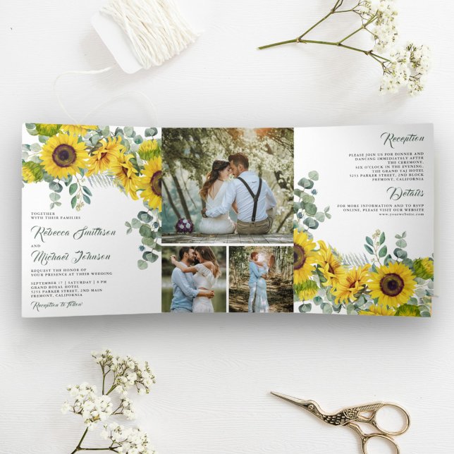 Rustic Sunflowers Eucalyptus Photo Collage Wedding Tri-Fold Invitation (Creator Uploaded)