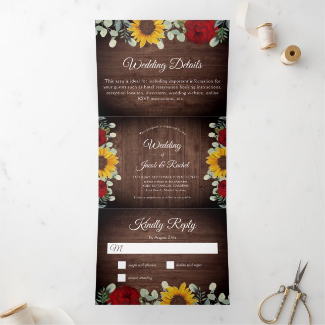 Rustic Sunflowers Eucalyptus Red Roses Wedding Tri-Fold Invitation (Inside)