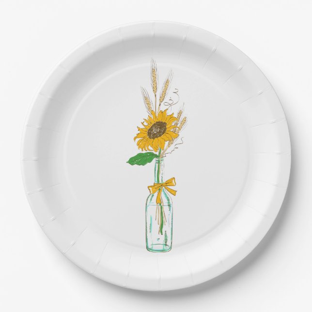 Rustic Sunflowers, Fall Country Floral Wedding Paper Plate (Front)