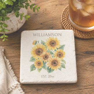 Rustic Sunflowers Family Name Stone Coaster
