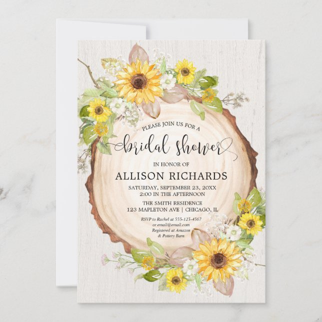 Rustic sunflowers floral bridal shower invitation (Front)