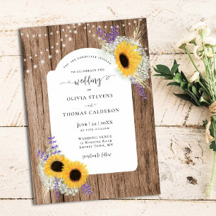 Rustic Sunflowers Floral Frame Wood Barn Wedding Invitation
