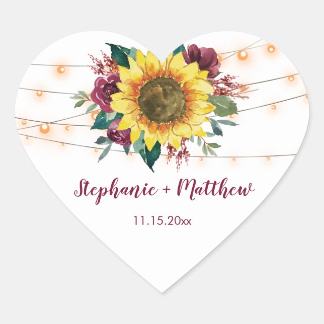 Rustic Sunflowers Floral String Lights Heart Sticker (Front)
