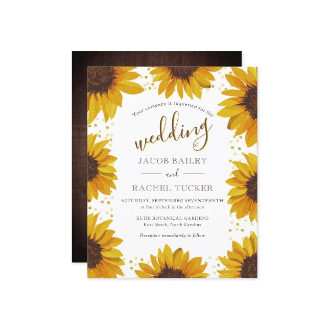 Rustic Sunflowers Gold Dots Wedding Invitation (Front/Back In Situ)