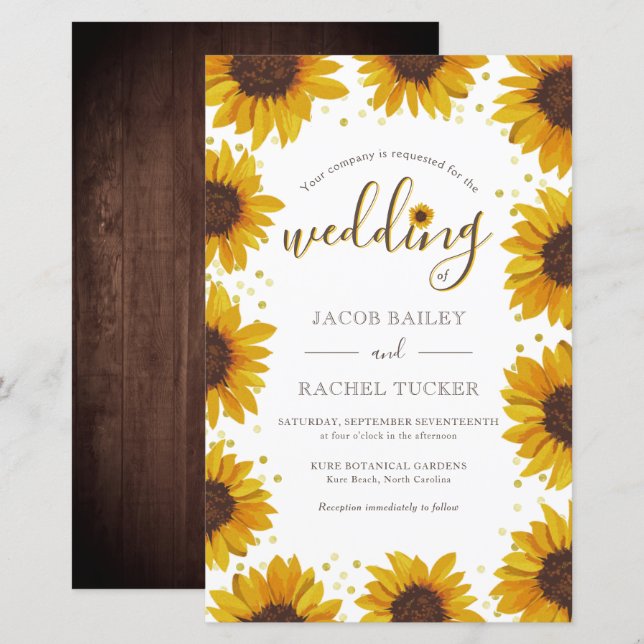 Rustic Sunflowers Gold Dots Wedding Invitation (Front/Back)