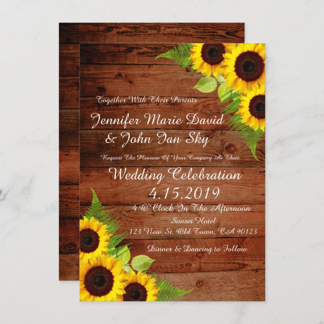 Rustic Sunflowers Green Fern  Wedding Invitation (Front/Back)