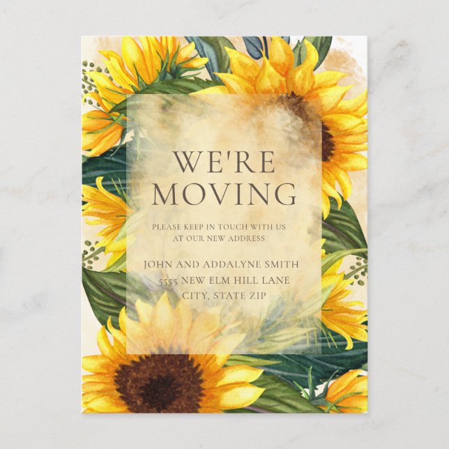 Rustic Sunflowers Green Leaves Change Address Postcard (Front)