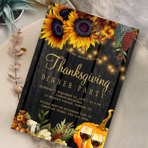 Rustic sunflowers harvest wood Thanksgiving Dinner Invitation