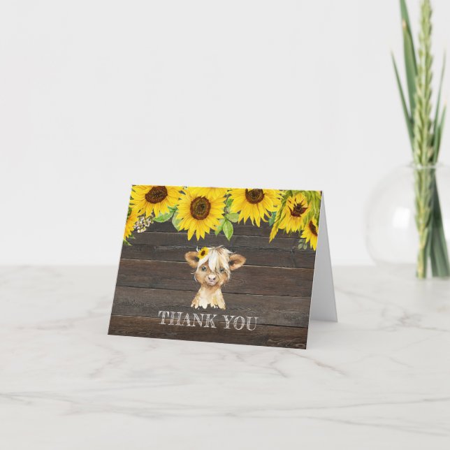 Rustic Sunflowers Highland Cow Baby Shower Thank You Card (Front)