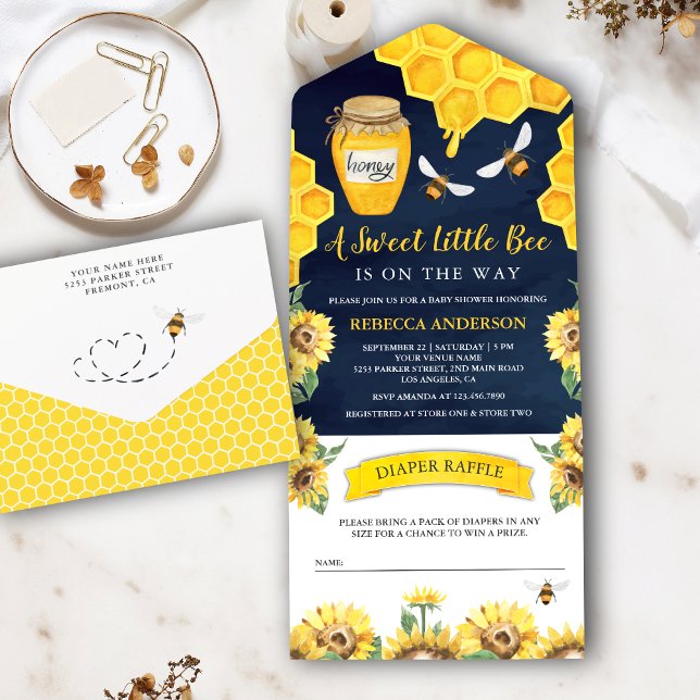 Rustic Sunflowers Honey Bee Navy Blue Baby Shower All In One Invitation (Creator Uploaded)