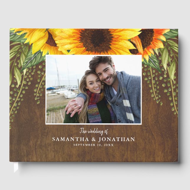 Rustic Sunflowers Horizontal Wedding Photo Guest Book (Front)