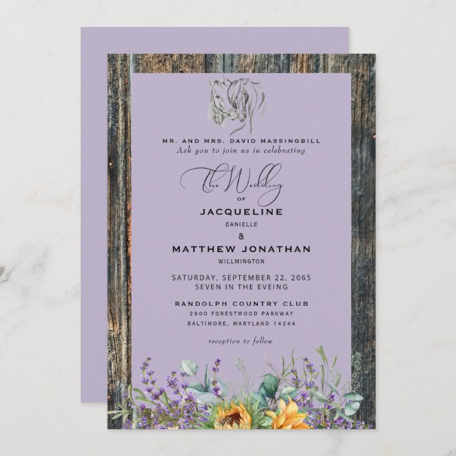 Rustic Sunflowers Horses Lavender Wedding Invitati Invitation (Front/Back)