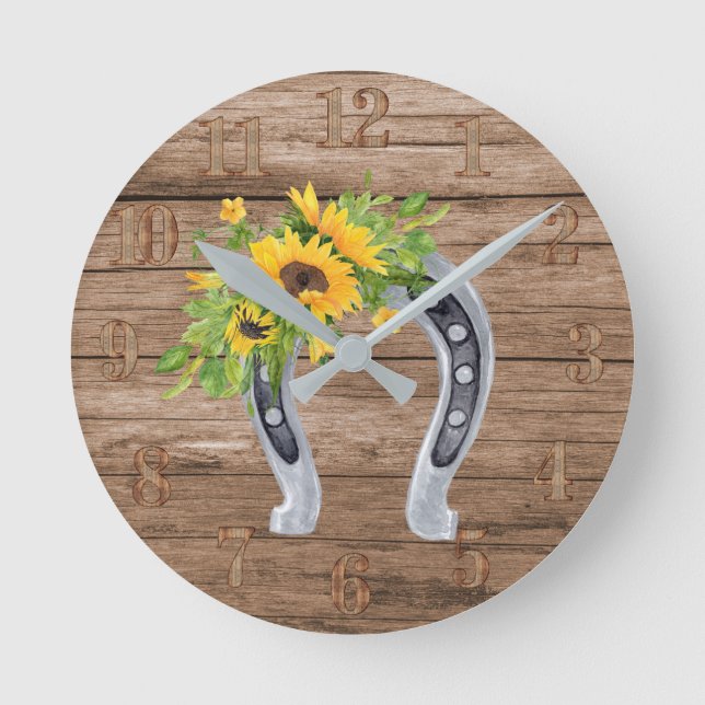 Rustic Sunflowers Horseshoe Charm Southern Living Round Clock (Front)
