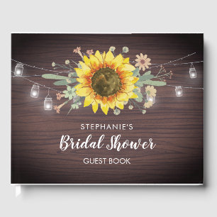 Rustic Sunflowers Jar Lights Wood Bridal Shower Guest Book