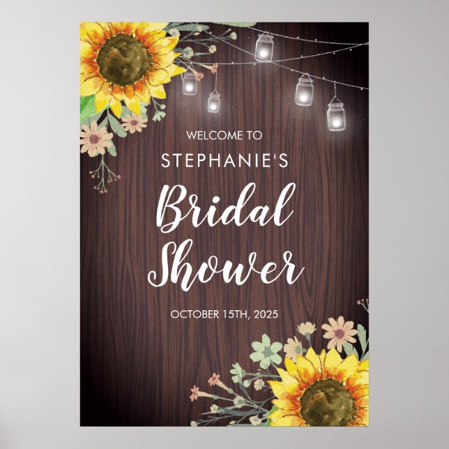 Rustic Sunflowers Jar Lights Wood Bridal Shower Poster (Front)