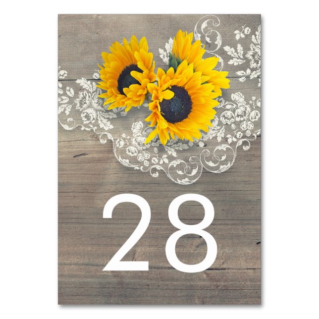 Rustic Sunflowers Lace and Wood Table Number (Front)