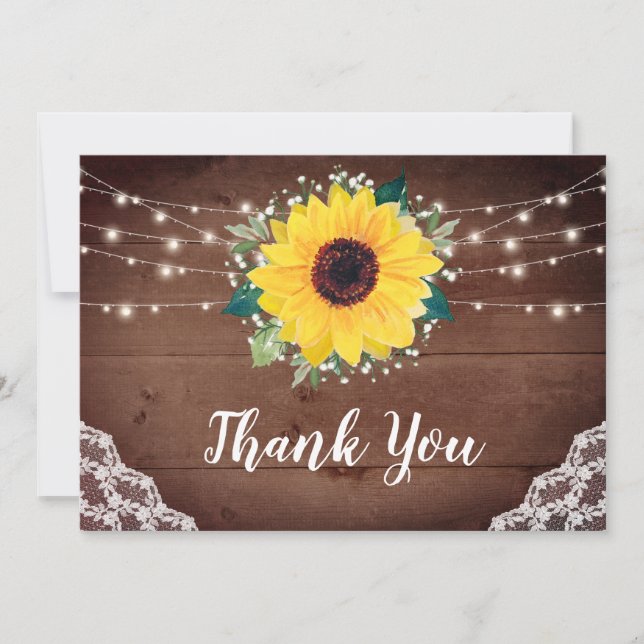 Rustic Sunflowers Lace Babys Breath Wedding Thank You Card (Front)