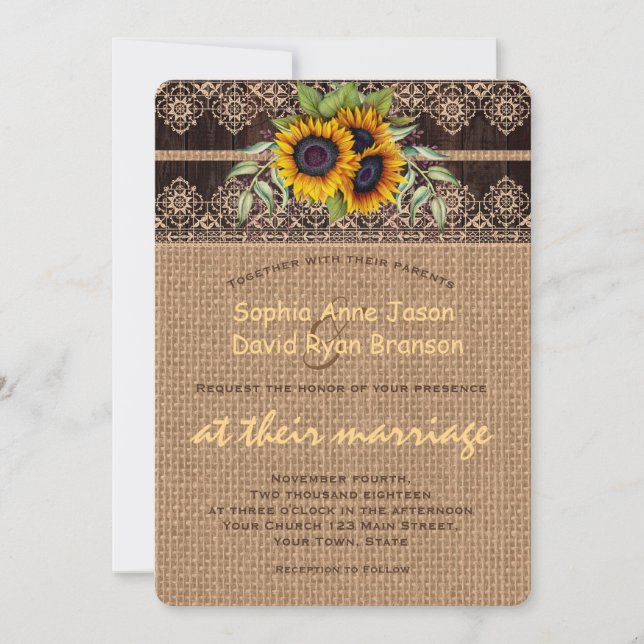 Rustic Sunflowers Lace Burlap Wood Wedding Invitation (Front)