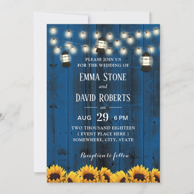 Rustic Sunflowers & Lanterns Blue Barn Wedding Invitation (Front)