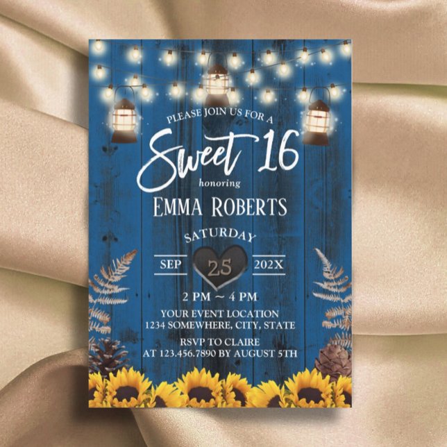 Rustic Sunflowers & Lanterns Navy Blue Sweet 16 Invitation (Creator Uploaded)