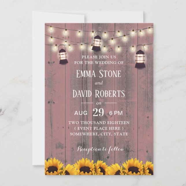 Rustic Sunflowers & Lanterns Pink Barn Wedding Invitation (Front)
