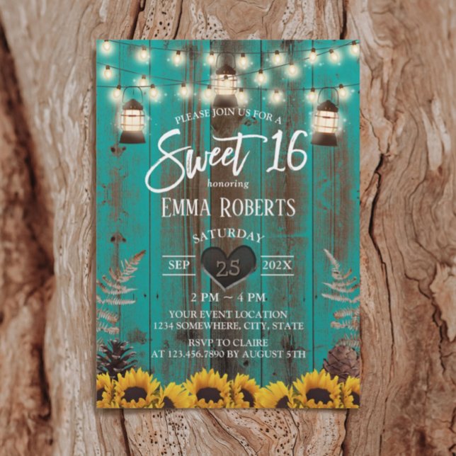 Rustic Sunflowers & Lanterns Teal Barn Sweet 16  Invitation (Creator Uploaded)