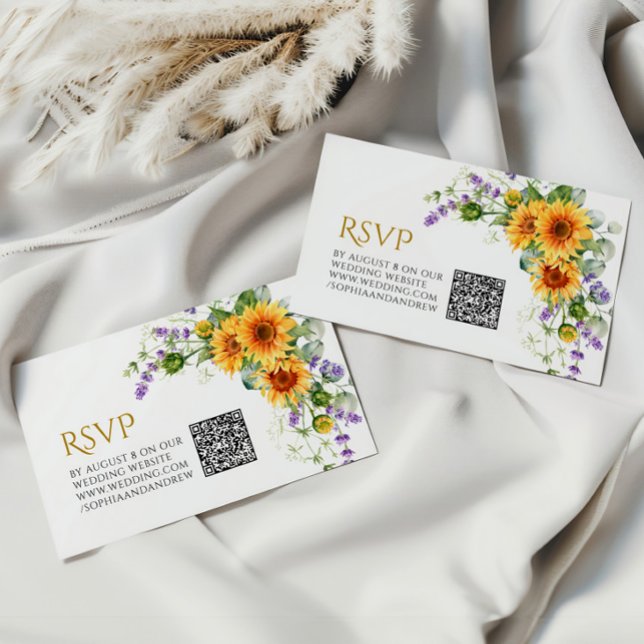 Rustic Sunflowers & Lavander Wedding QR Code RSVP Enclosure Card (Creator Uploaded)