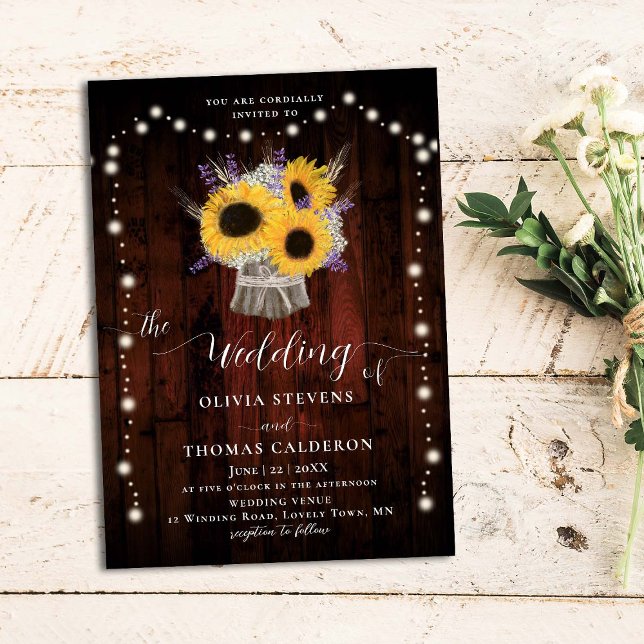 Rustic Sunflowers Lavender Red Wood Lights Wedding Invitation (Creator Uploaded)