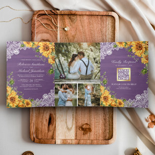 Rustic Sunflowers Lavender Wood QR Code Wedding Tri-Fold Invitation