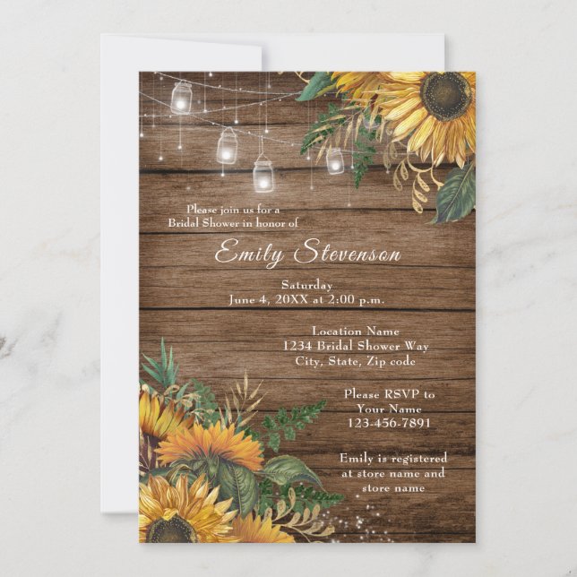Rustic Sunflowers lights bridal shower invitation (Front)