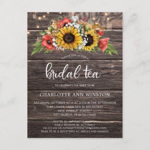 Rustic Sunflowers Lights Bridal Tea Invitation Postcard