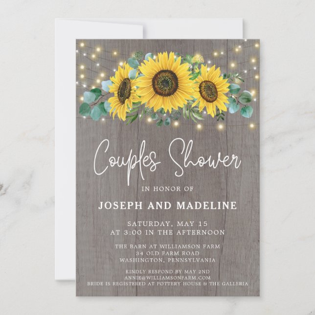 Rustic Sunflowers & Lights Couples Shower  Invitat Invitation (Front)