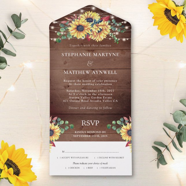 Rustic Sunflowers Lights Eucalyptus Fall Wedding All In One Invitation (Creator Uploaded)