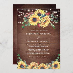 Rustic Sunflowers Lights Eucalyptus Fall Wedding Invitation