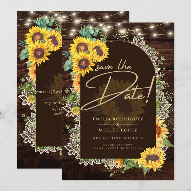 Rustic Sunflowers Lights Lace Arch Wedding Invitation (Front/Back)