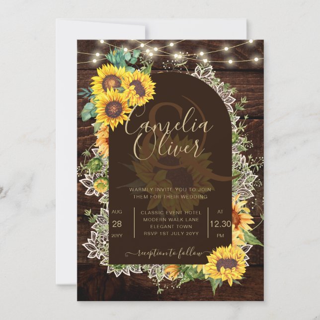 Rustic Sunflowers Lights Lace Arch Wedding Invitation (Front)