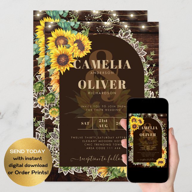 Rustic Sunflowers Lights Lace Arch Wedding Invitation (Creator Uploaded)