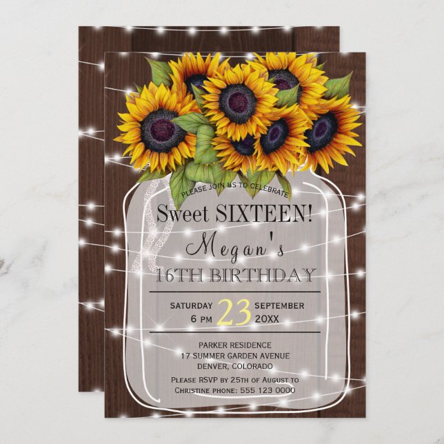 Rustic | Sunflowers lights mason jar sweet sixteen Invitation (Front/Back)