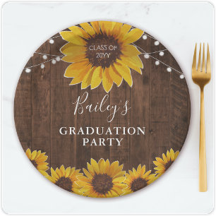 Rustic Sunflowers & Lights Photo Graduation Party Paper Plate