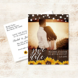 Rustic Sunflowers & Lights Wedding Save the Date Postcard