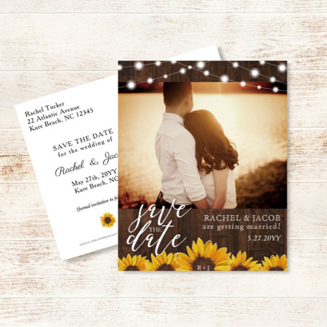 Rustic Sunflowers & Lights Wedding Save the Date Postcard (Creator Uploaded)