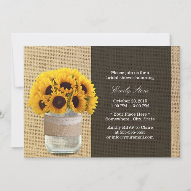 Rustic Sunflowers & Mason Jar Burlap Bridal Shower Invitation (Front)