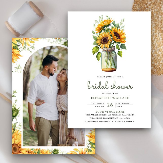 Rustic Sunflowers Mason Jar Photo Bridal Shower Invitation (Creator Uploaded)