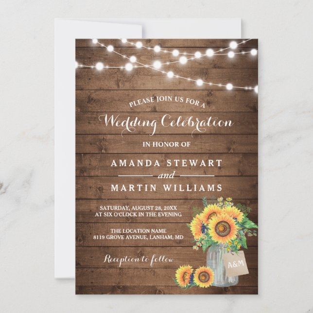 Rustic Sunflowers Mason Jar String Lights Wedding Invitation (Front)