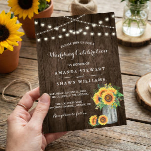 Rustic Sunflowers Mason Jar String Lights Wedding Invitation