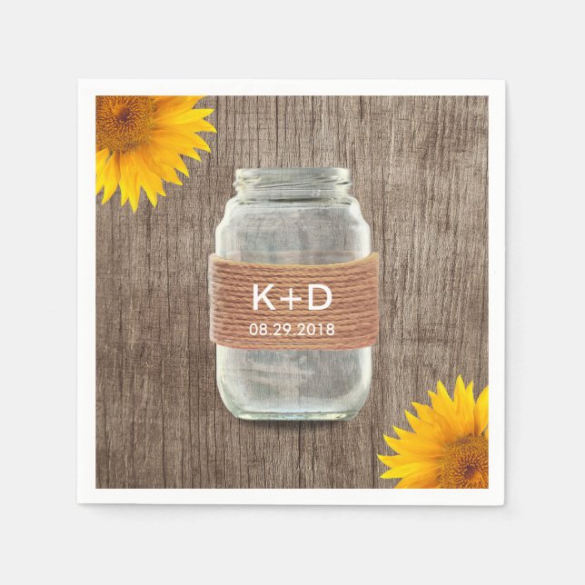 Rustic Sunflowers Mason Jar Vintage Wedding Napkin (Front)