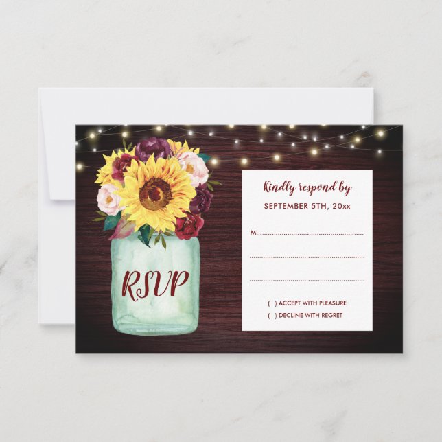 Rustic Sunflowers Mason Jar Wood Wedding RSVP Card (Front)